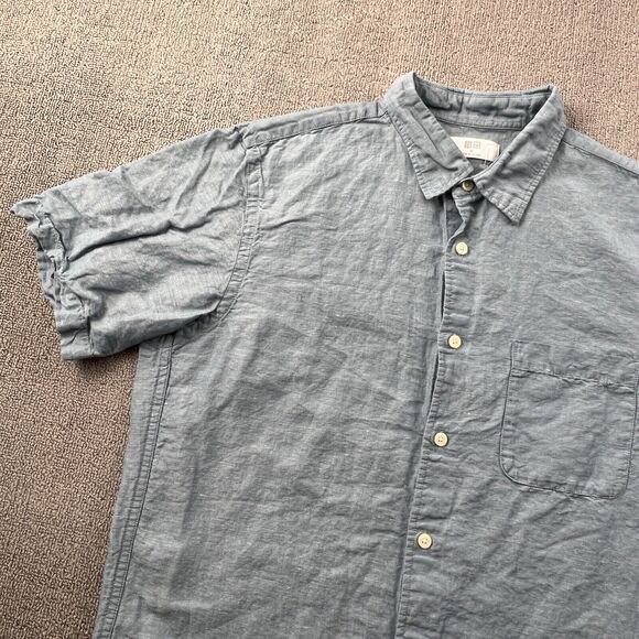 Uniqlo Shirt Adult Medium Blue Button Up Short Sleeve Linen Casual Men's - Picture 2 of 14